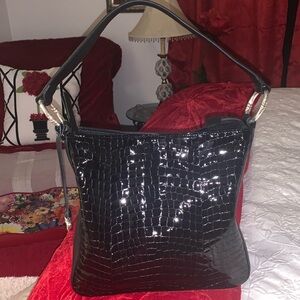 Brighton Cher black mock croc patent leather purse